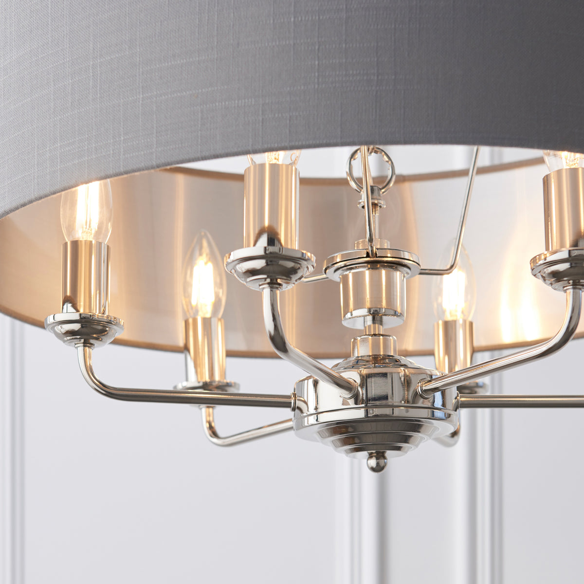 Gallery Direct Highclere 6 Pendant Lght Nckl & Chrcoal, close-up of the finish and design