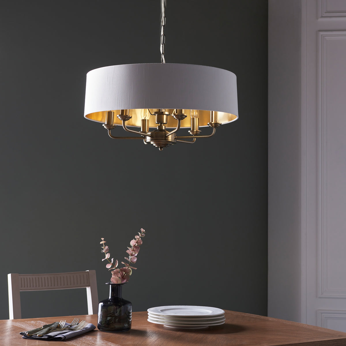 Gallery Direct Highclere 6 Pendant Light Antique Brass Small, styled in a room setting