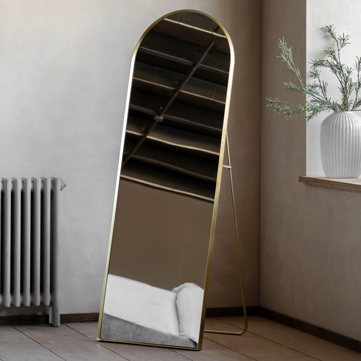 Gallery Direct Holworth Cheval Mirror Gold displayed in a styled interior