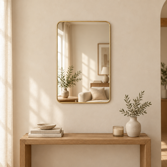 Gallery Direct Holworth Rectangle Mirror Gold above an oak console in a neutral interior