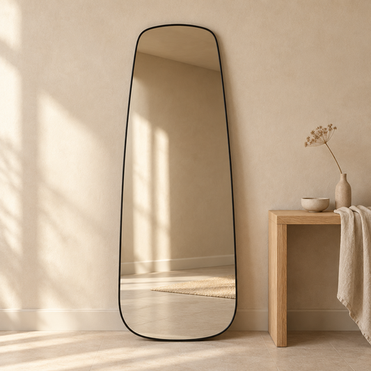 Gallery Direct Holworth Shaped Leaner Black positioned beside an oak console in a neutral interior