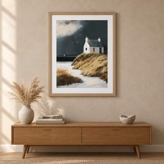 Gallery Direct Homeward Bound Framed Art above an oak console in a warm neutral living room
