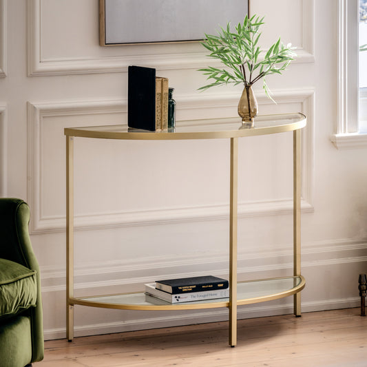 Gallery Direct Hudson Console Table Champagne styled in a room with a vase and books