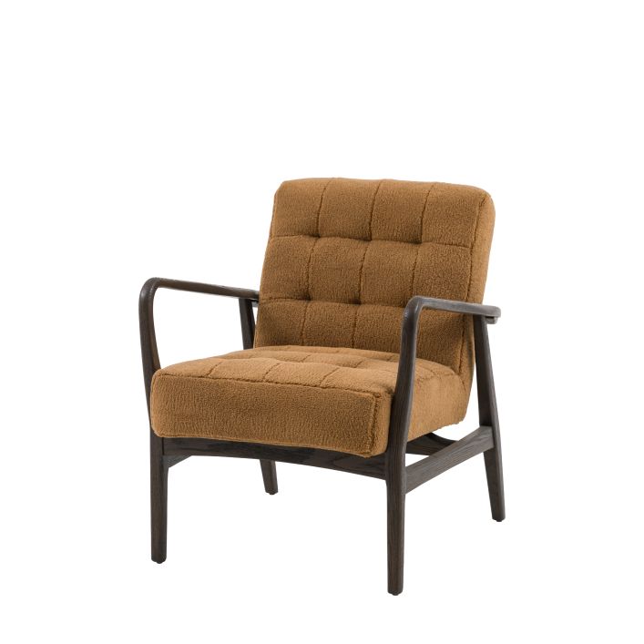 Gallery Direct Humber Armchair upholstered in Ochre Faux Sheepskin fabric with a dark ash wooden frame