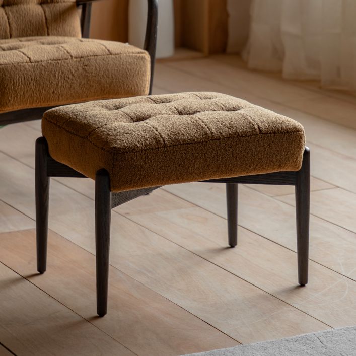 Gallery Direct Humber Footstool upholstered in a tactile Faux Sheepskin, Ochre coloured material with dark wooden legs