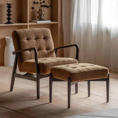 Gallery Direct Humber Footstool features sumptuous Ochre Faux Sheepskin upholstery with dark wooden legs. A matching armchair is also available