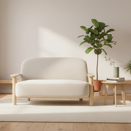 Gallery Direct Husby 2 Seater Sofa upholstered in Willow Dusty natural fabric, with a light wooden frame for a modern and minimalistic feel