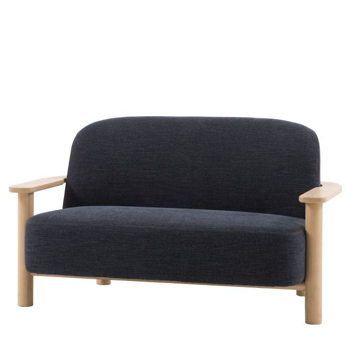 The Gallery Direct Husby 2 Seater Sofa is upholstered in Willow Pacific blue linen fabric with a modern and minimalistic light wooden frame