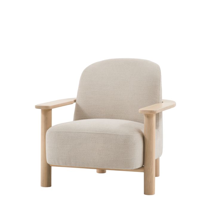 The Gallery Direct Husby Armchair is upholstered in Willow Dusty natural coloured fabric, paired with a light wooden base
