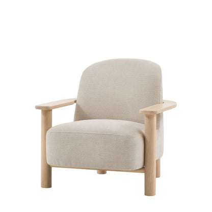 The Gallery Direct Husby Armchair is upholstered in Willow Dusty natural coloured fabric, paired with a light wooden base