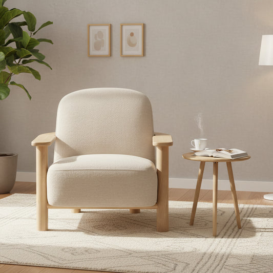 The Gallery Direct Husby Armchair features a modern and minimalist light wooden frame and a generously cushioned seat upholstered in soft Willow Dusty fabric