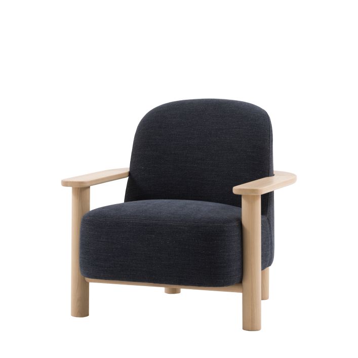 Gallery Direct Husby Armchair is upholstered in Willow Pacific blue linen, generously padded fabric, anchored by a light wood modern frame