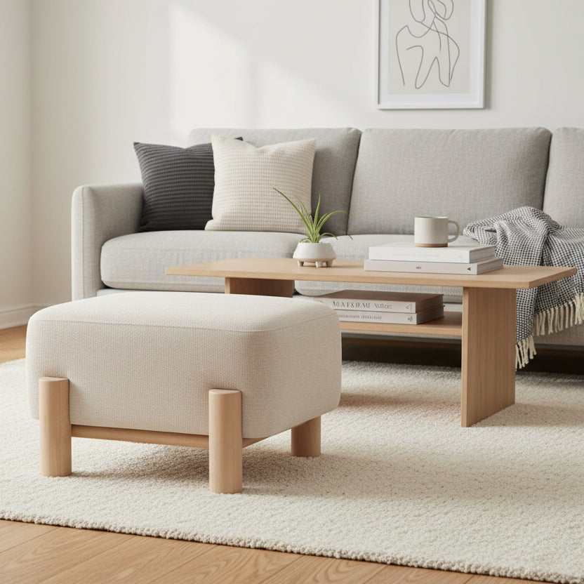 The Gallery Direct Husby Footstool is upholstered in a Willow Dusty natural coloured fabric with light wood base