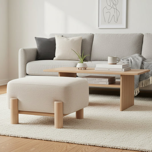 The Gallery Direct Husby Footstool is upholstered in a Willow Dusty natural coloured fabric with light wood base