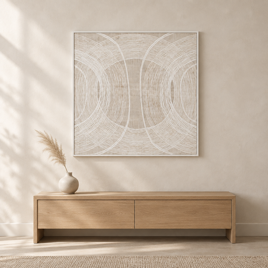 Gallery Direct In the Round Framed Canvas above an oak console in a softly lit neutral interior