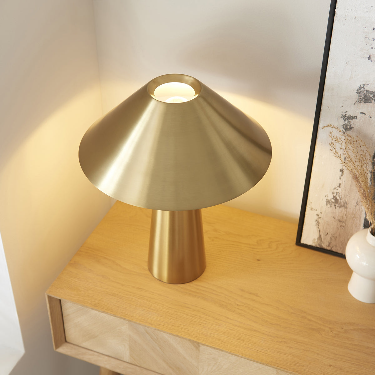 Gallery Direct Isak Table Lamp Brushed Aged Brass, close-up of the finish and design