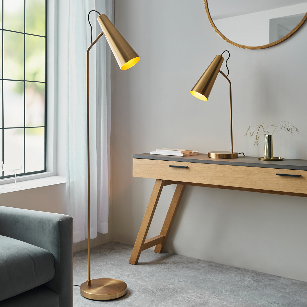 Gallery Direct Karna 1 Floor Light Antique Brass, styled in a room setting