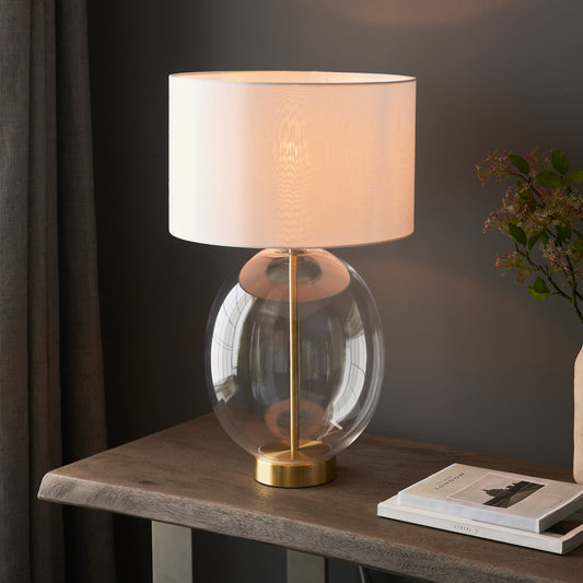 Gallery Direct Kelda Oval Table Lamp Satin Brass Vintage White, styled in a room setting