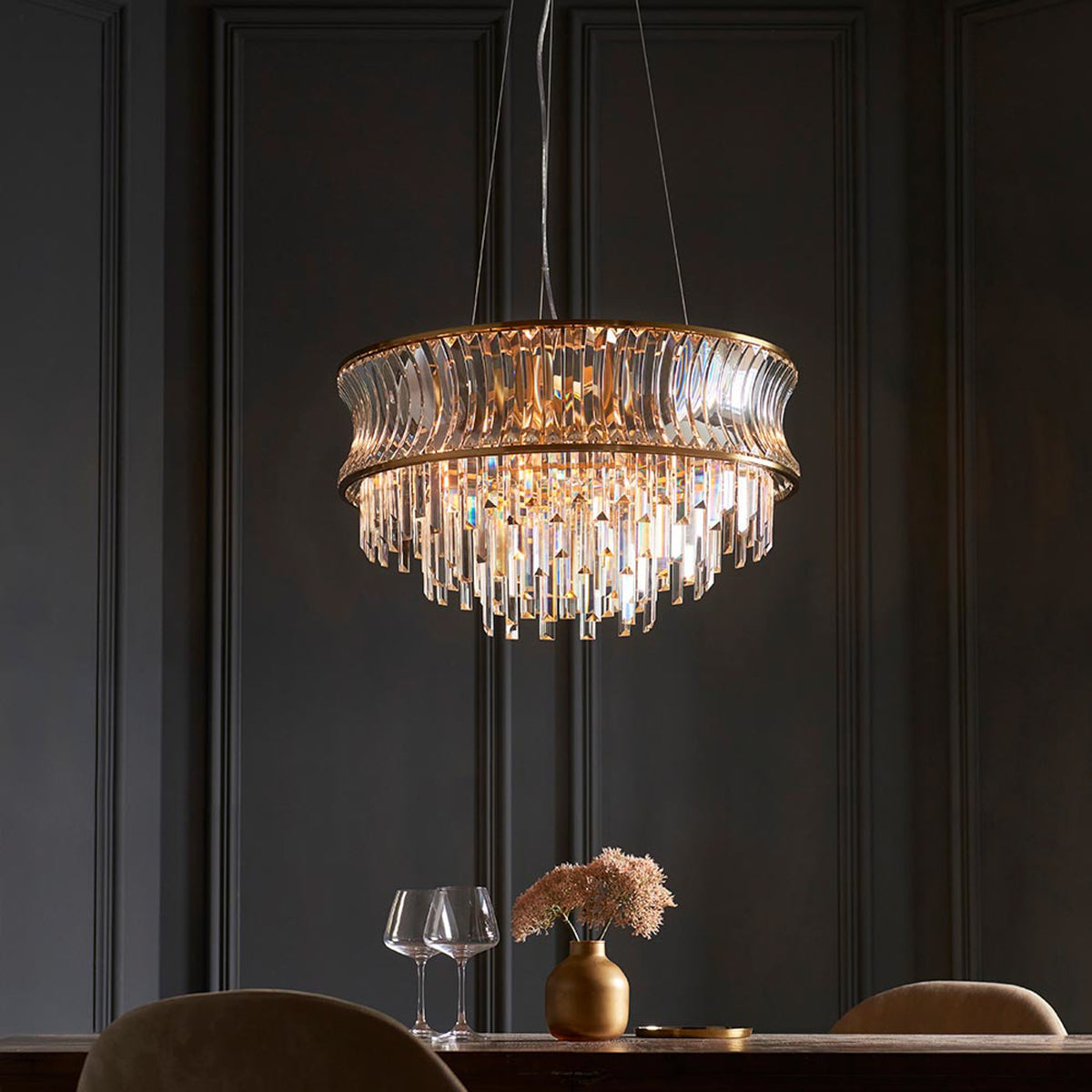 Gallery Direct Kensington 9 Pendant Light Brushed Brass, styled in a room setting