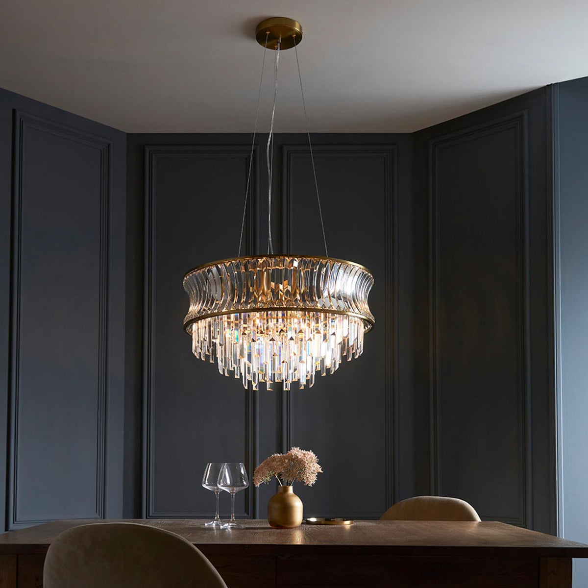 Gallery Direct Kensington 9 Pendant Light Brushed Brass, styled in a room setting