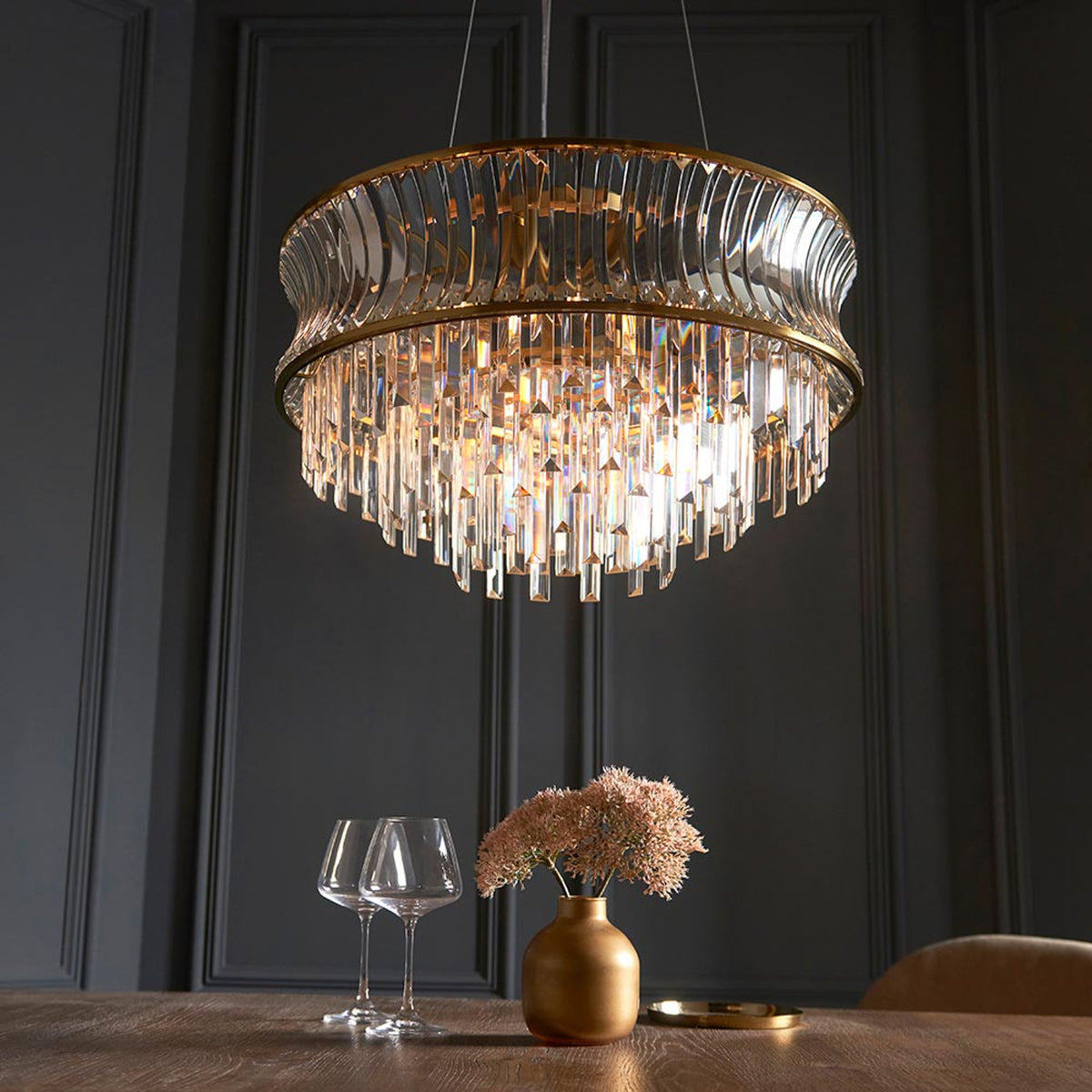 Gallery Direct Kensington 9 Pendant Light Brushed Brass, styled in a room setting