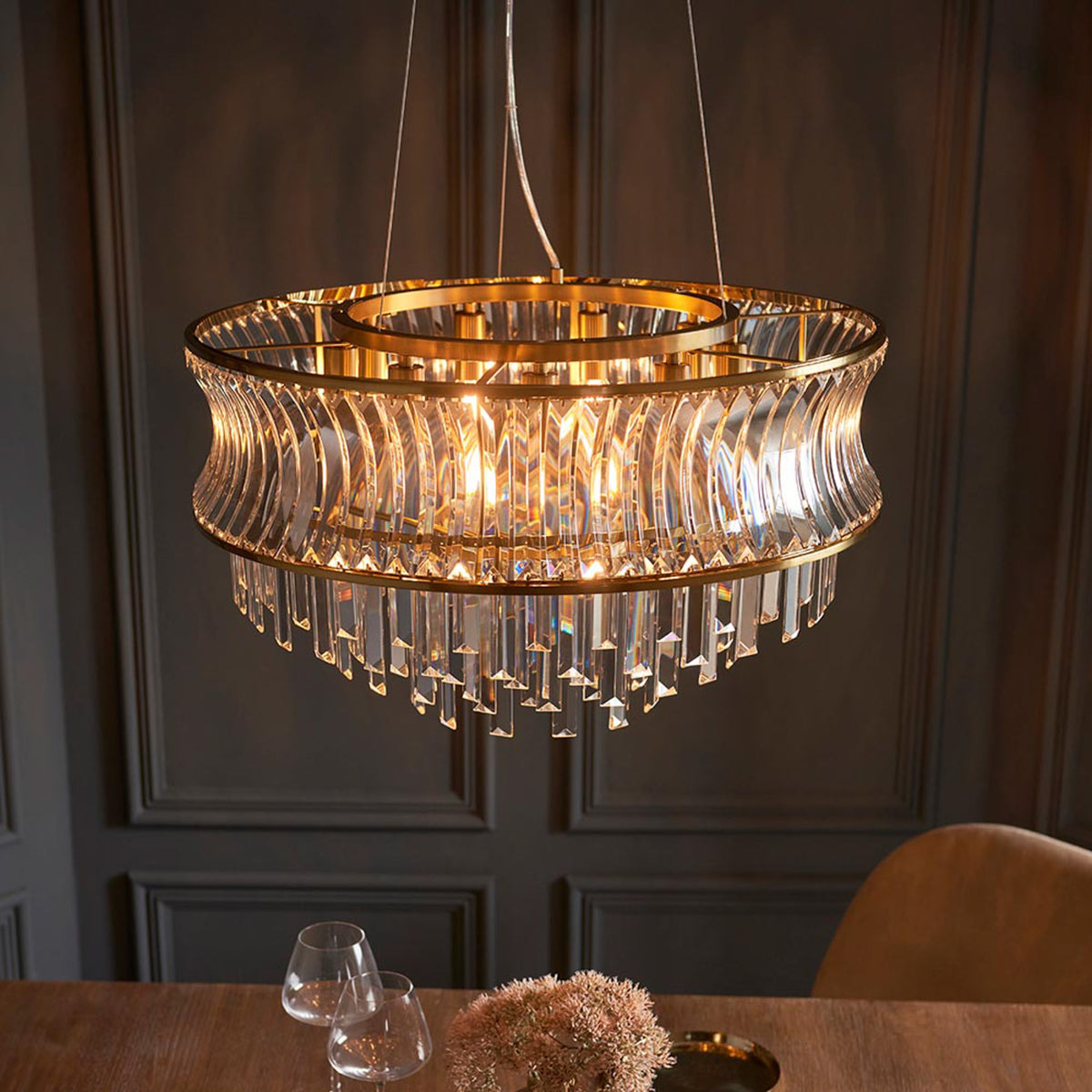 Gallery Direct Kensington 9 Pendant Light Brushed Brass, styled in a room setting