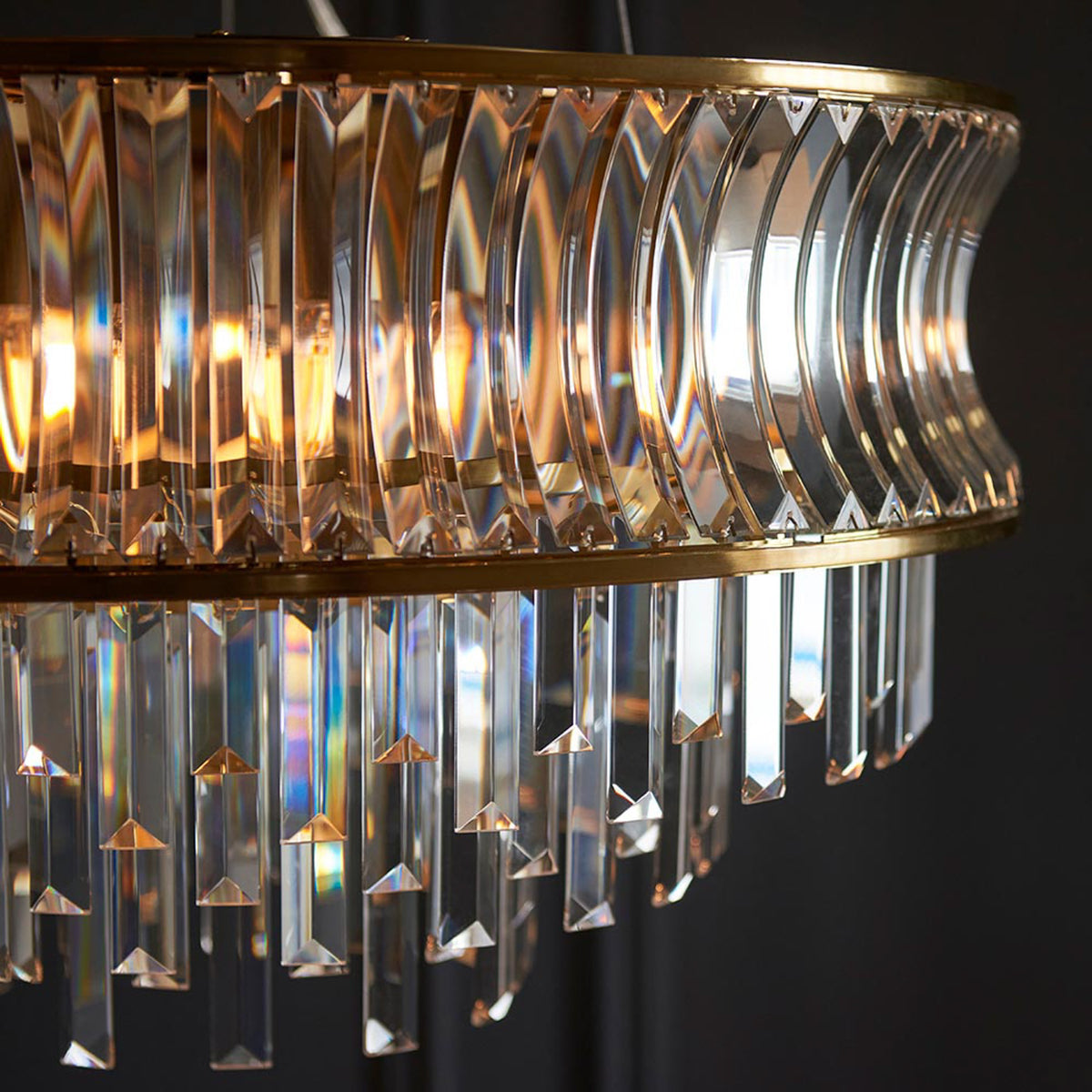 Gallery Direct Kensington 9 Pendant Light Brushed Brass, close-up of the finish and design
