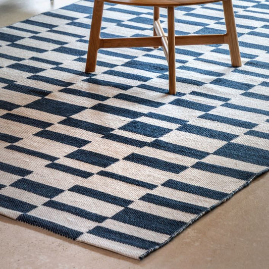 Gallery Direct Kingston Jacquard small area rug in a blue and white check design, hand tufted for a soft comfortable experience underfoot