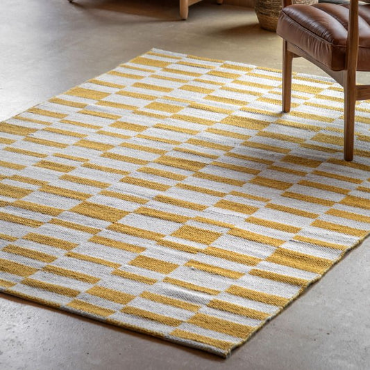 The Kingston Jacquard Rug has a yellow and white check pattern and a soft comfortable underfoot, measuring 1600x2300mm
