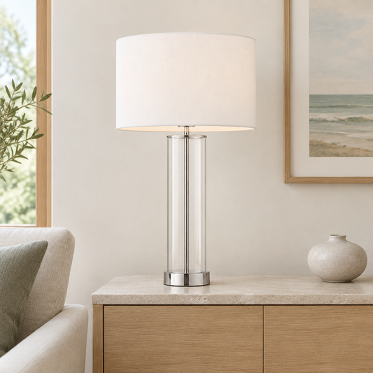 Gallery Direct Lessina Table Lamp Bright Nickel styled on an oak sideboard