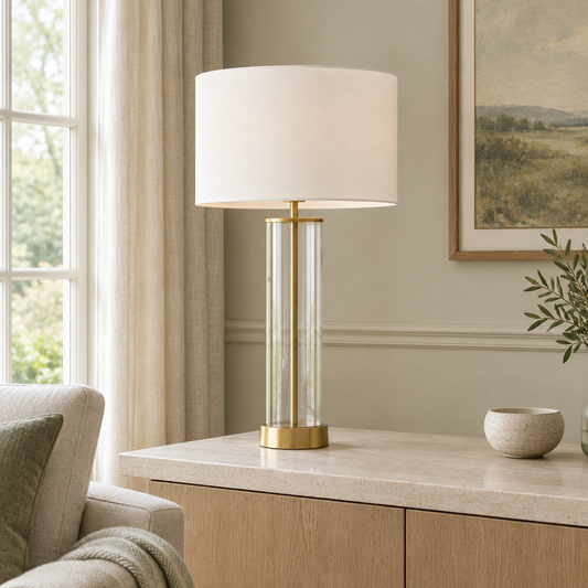 Gallery Direct Lessina Table Lamp Brushed Gold styled on an oak sideboard