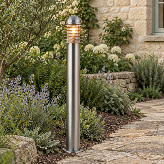 Gallery Direct Louvre Outdoor Bollard Light Tall installed beside a stone garden path