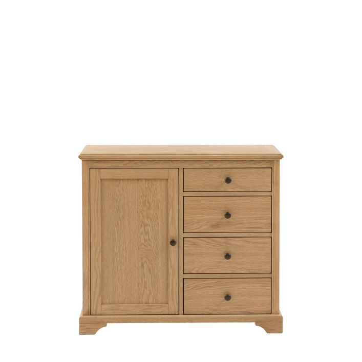 Gallery Direct Malvern Sideboard features 1 Cupboard Door and 4 Drawers constructed from warm oak woods and veneers, with dark metal handles