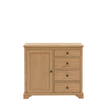 Gallery Direct Malvern Sideboard features 1 Cupboard Door and 4 Drawers constructed from warm oak woods and veneers, with dark metal handles