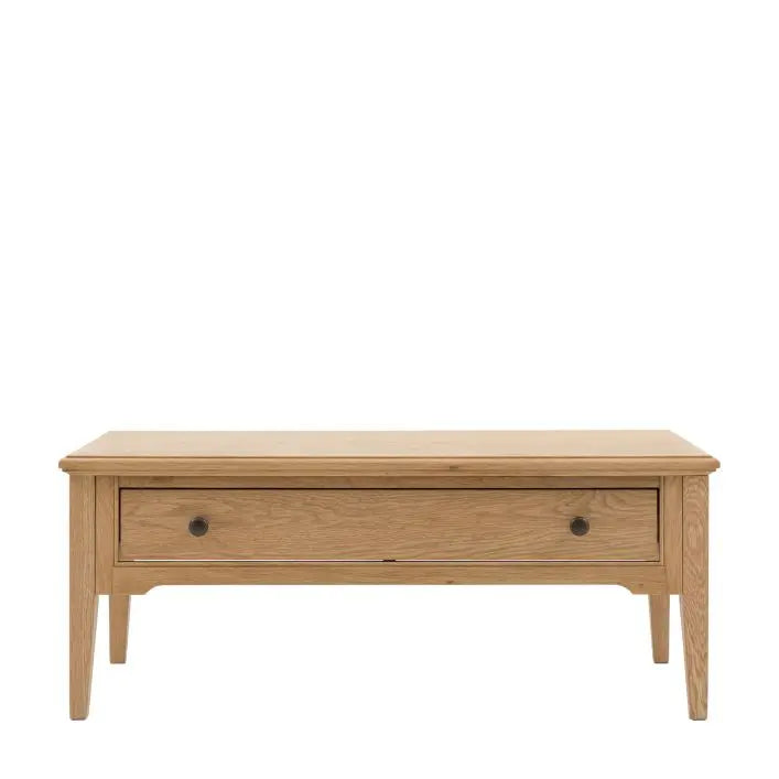Gallery Direct Malvern 1 Drawer Coffee Table crafted from quality oak solids and veneers with metal handles and slim tapered legs