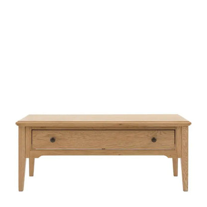 Gallery Direct Malvern 1 Drawer Coffee Table crafted from quality oak solids and veneers with metal handles and slim tapered legs