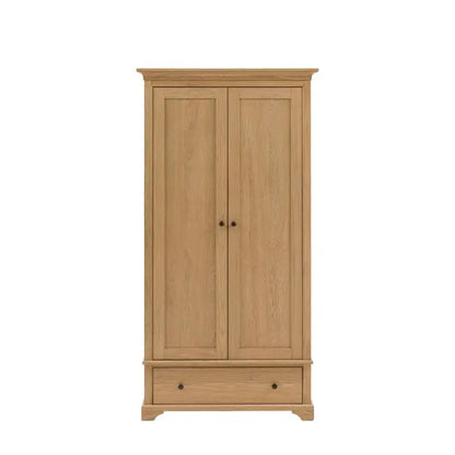 Gallery Direct Malvern 2 Door 1 Drawer Wardrobe is constructed from solid oak wood and premium veneers with wood-grain patterns, and dark metal round handles