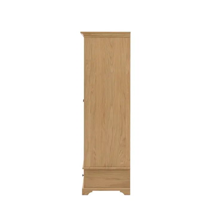 Gallery Direct Malvern 2 Door 1 Drawer Wardrobe has a solid oak construction with natural veneer detailing showcasing the authentic wood-grain character