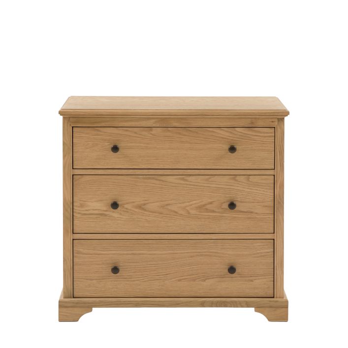 Gallery Direct Malvern Chest is crafted from solid oak woods and veneers and features 3 generously proportioned drawers with dark metal handles
