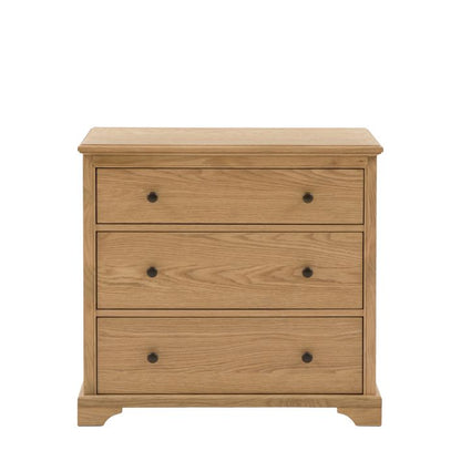 Gallery Direct Malvern Chest is crafted from solid oak woods and veneers and features 3 generously proportioned drawers with dark metal handles