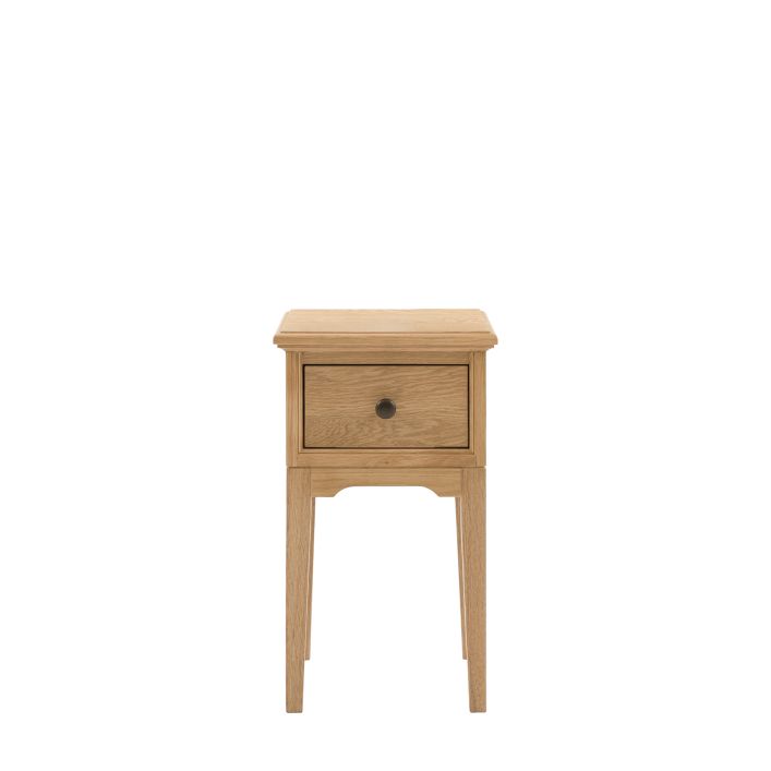 Gallery Direct Malvern Small Bedside table features 1 drawer with metal handle, finished in a warm oak wood-grain effect 