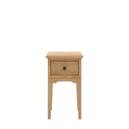 Gallery Direct Malvern Small Bedside table features 1 drawer with metal handle, finished in a warm oak wood-grain effect 