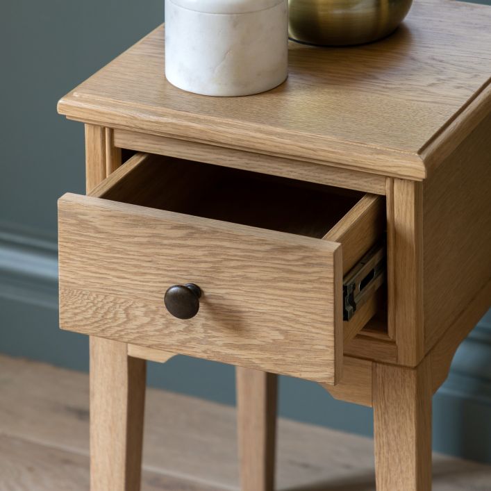 Gallery Direct Malvern 1 Drawer Small Bedside Cabinet crafted from oak solids and veneers with a wood-grain effect 
