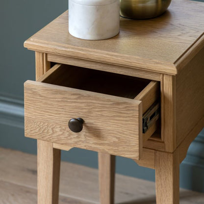 Gallery Direct Malvern 1 Drawer Small Bedside Cabinet crafted from oak solids and veneers with a wood-grain effect 