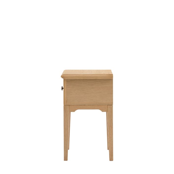 Gallery Direct Malvern Small 1 Drawer Bedside Table crafted from oak woods and veneers with slim tapered legs