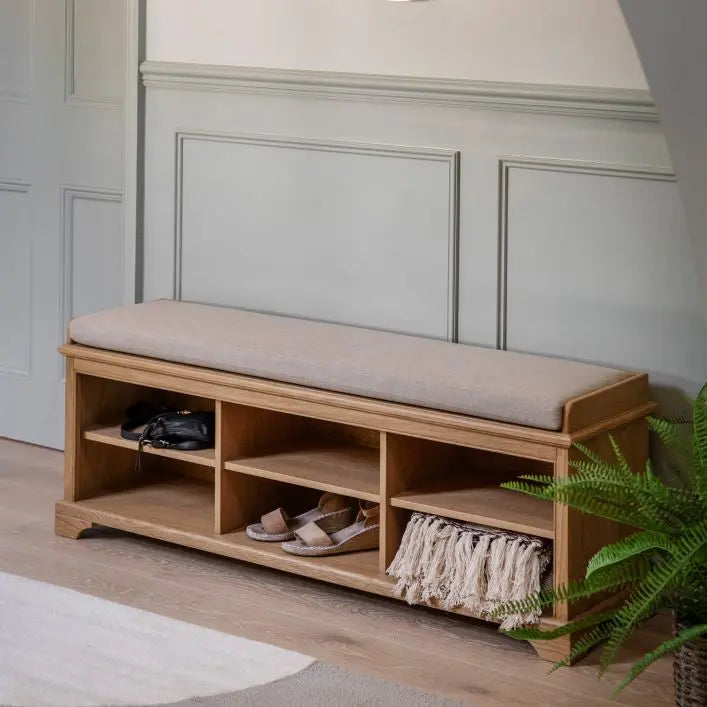 Gallery Direct Malvern Upholstered Hall Bench with 6 individual shelves for storage and a padded seat cushion