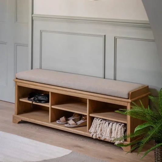 Gallery Direct Malvern Upholstered Hall Bench with 6 individual shelves for storage and a padded seat cushion