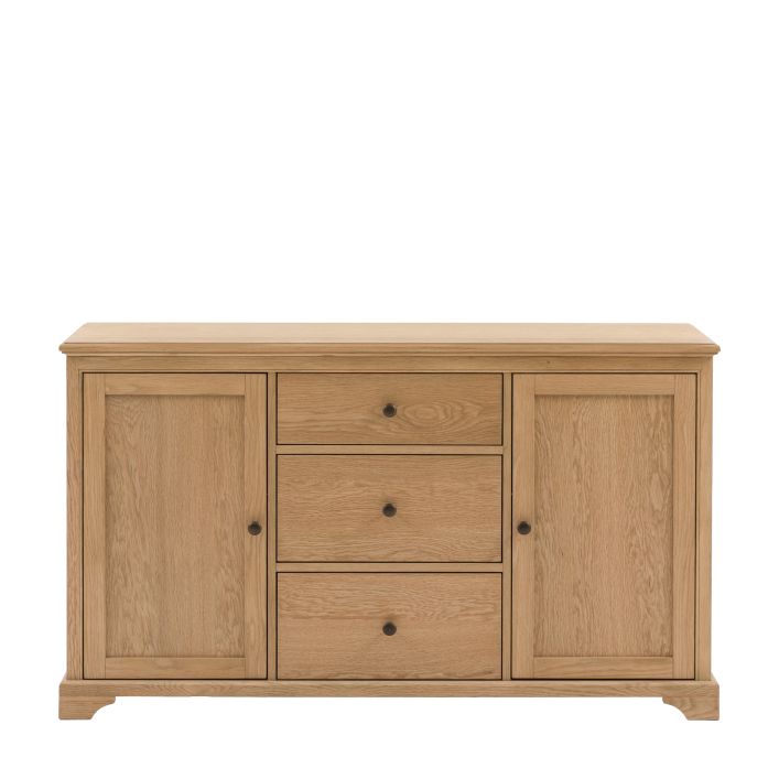 Gallery Direct Malvern 2 Door 3 Drawer Large Sideboard, crafted from premium solid oak and veneers with wood-grain patterns and dark metal handles