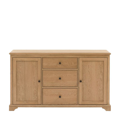 Gallery Direct Malvern 2 Door 3 Drawer Large Sideboard, crafted from premium solid oak and veneers with wood-grain patterns and dark metal handles