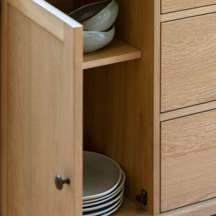 Gallery Direct Malvern Large Sideboard features 3 drawers and 2 cupboard doors with internal shelving